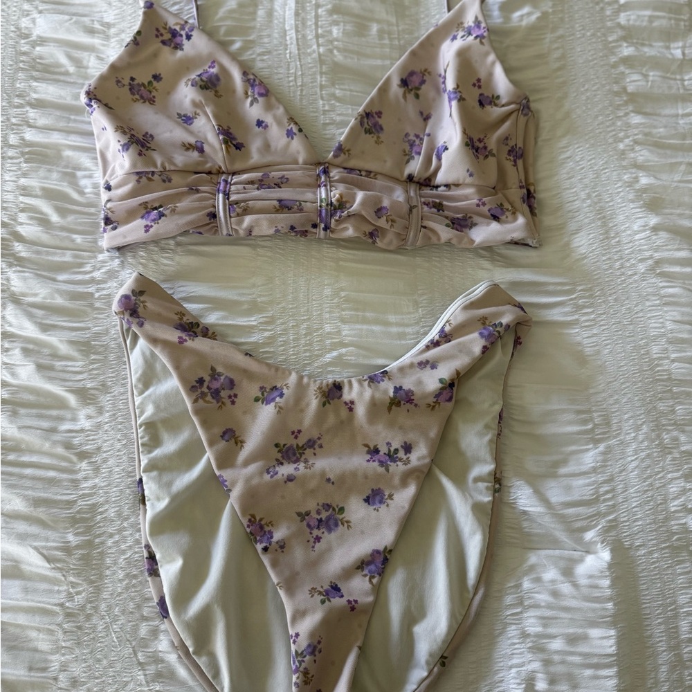 Floral Two-Piece High Waisted Bikini Set in Lilac with Purple Flowers